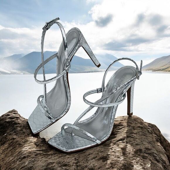 Schutz Womens Heloise Silver Metallic High Heel Square Toe Sandal Size 8 - Picture 12 of 13
